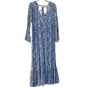 Miss Komo’do Blue Tropical Print Maxi Dress Ruffled Hem Flare Sleeves Sz L/XL